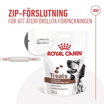 Royal Canin Treats 230 g med zip-förslutning. Text: easyopen zipsystem, kompatibel med gastrointestinal diets, low fat content, prebiotics and vitamin B12.