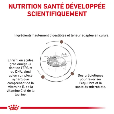 Nutrition santé développée scientifiquement, ingrédients hautement digestibles, teneur adaptée en cuivre, oméga-3 EPA et DHA, vitamines E et C, taurine, prébiotiques pour le microbiote.