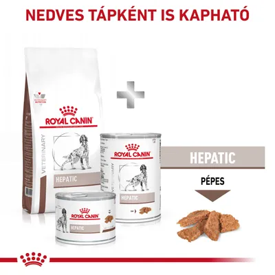 Royal Canin Hepatic száraz és nedves kutyatáp csomagolás, konzerv, feliratok: HEPATIC, PÉPES, NEDVES TÁPKÉNT IS KAPHATÓ, kutya illusztráció a dobozokon.