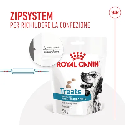 Royal Canin Treats 230 g, compatibile con diete ipoallergeniche, proteina idrolizzata, vitamina B12. ZipSystem per richiudere la confezione. Testo: easyopen zipsystem.