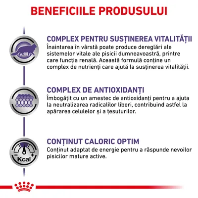 BENEFICIILE PRODUSULUI: Complex pentru susținerea vitalității, complex de antioxidanți, conținut caloric optim. Text în limba română despre beneficii pentru pisici mature.