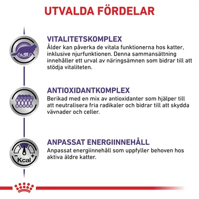 UTVALDA FÖRDELAR: Vitalitetskomplex, Antioxidantkomplex och Anpassat energiinnehåll med beskrivningar om stöd för vitalitet, skydd av celler samt energi för äldre katter.
