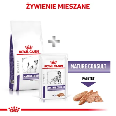Royal Canin Expert Mature Consult karma sucha i mokra dla psów, opakowanie oraz saszetka z widocznym napisem MATURE CONSULT i pasztetem. Napis: ŻYWIENIE MIESZANE.