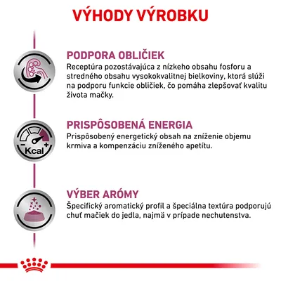 Výhody výrobku: podpora obličiek, prispôsobená energia, výber arómy. Text vysvetľuje nízky fosfor, energetický obsah a špecifickú arómu pre mačky.