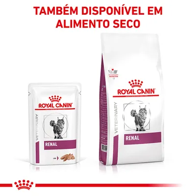 Royal Canin Veterinary Renal para gatos, embalagem húmida e seca. Texto visível: 'TAMBÉM DISPONÍVEL EM ALIMENTO SECO'.