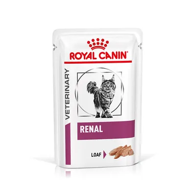 Embalagem de comida húmida para gatos Royal Canin Veterinary Renal Loaf. Texto visível: VETERINARY, RENAL, LOAF. Imagem de um gato e porção do alimento.