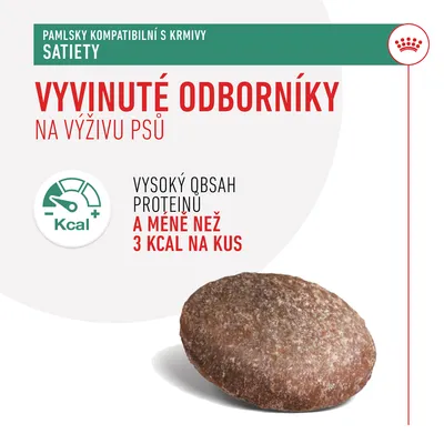 Pamlsky kompatibilní s krmivy Satiety. Vyvinuté odborníky na výživu psů. Vysoký obsah proteinu a méně než 3 kcal na kus.