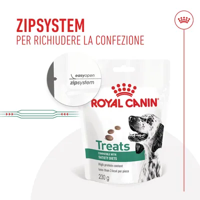 ROYAL CANIN Treats 230 g, confezione con sistema easyopen zipsystem per richiudere. Testo: ZIPSYSTEM PER RICHIUDERE LA CONFEZIONE. High protein content less than 3 kcal per piece.