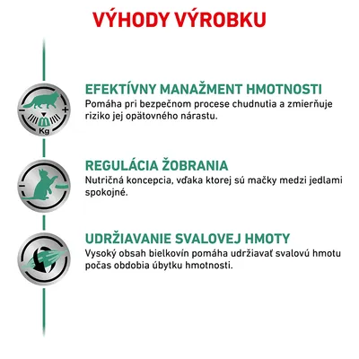 Výhody výrobku: efektívny manažment hmotnosti, regulácia žobrania, udržiavanie svalovej hmoty. Popisy: podpora chudnutia, spokojnosť mačiek medzi jedlami, vysoký obsah bielkovín.