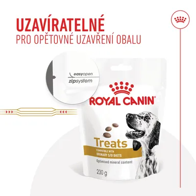 ROYAL CANIN Treats 230 g, uzavíratelný obal s easyopen zipsystem. Text: Uzavíratelné pro opětovné uzavření obalu. Compatible with Urinary S/O Diets.