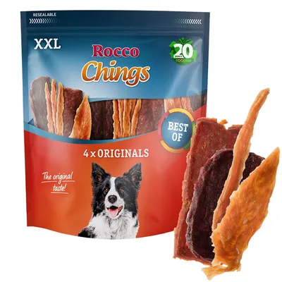 Rocco Chings XXL 4 x Originals hundsnacks, synliga torkade köttstrimlor, text: BEST OF, The original taste!, förpackning med bild på hund och jubileumsmärke 20 years zooplus.