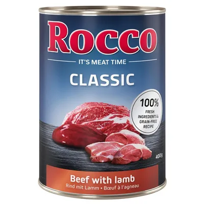 Rocco Classic Beef with lamb, 400g. 100% fresh ingredients & grain-free recipe. IT'S MEAT TIME. Rind mit Lamm • Boeuf à l'agneau.