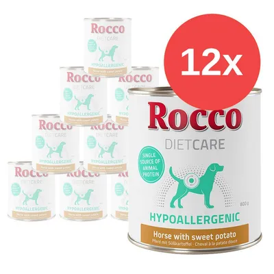 12 lattine Rocco Diet Care Hypoallergenic Horse with sweet potato, 800 g. Testo visibile: Single source of animal protein. Immagine di cane stilizzato sulla confezione.