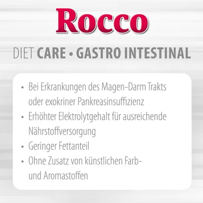 Rocco DIET CARE GASTRO INTESTINAL. Saksankielinen teksti: ruoansulatuskanavan ja haiman sairauksiin, korkea elektrolyyttipitoisuus, vähän rasvaa, ei keinotekoisia väri- tai aromiaineita.