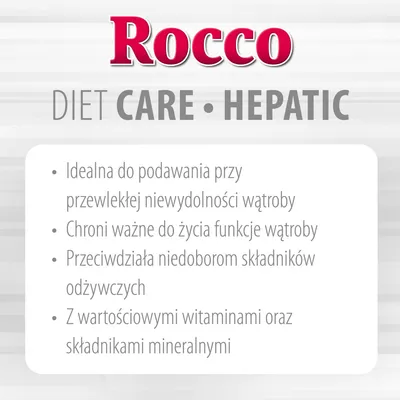 Rocco DIET CARE HEPATIC. Idealna do podawania przy przewlekłej niewydolności wątroby, chroni funkcje wątroby, przeciwdziała niedoborom składników odżywczych, z witaminami i minerałami.