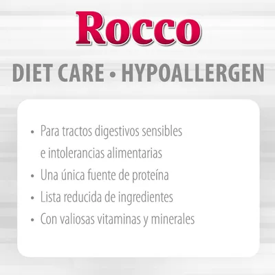 Rocco DIET CARE HYPOALLERGEN. Para tractos digestivos sensibles e intolerancias alimentarias, una única fuente de proteína, lista reducida de ingredientes, valiosas vitaminas y minerales.