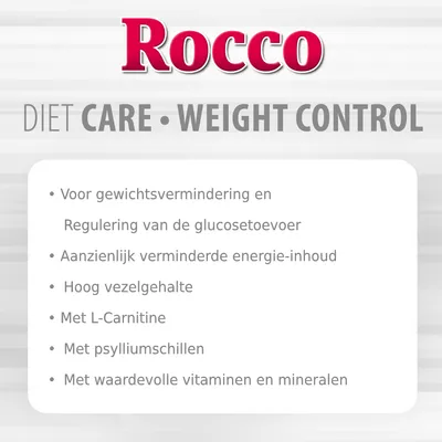 Rocco Diet Care Weight Control. Voor gewichtsvermindering, regulering van glucosetoevoer, verminderd energiegehalte, hoog vezelgehalte, L-Carnitine, psylliumschillen, vitaminen en mineralen.
