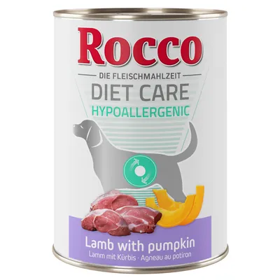 Rocco Diet Care Hypoallergenic lamb with pumpkin, showing meat and pumpkin pieces on the label. Product highlights hypoallergenic formula and main ingredients.