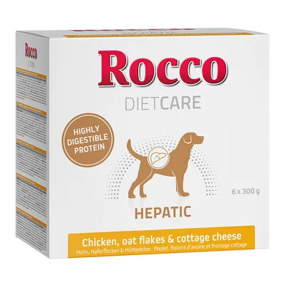 Rocco DietCare Hepatic, 6 x 300 g, poulet, flocons d’avoine et fromage cottage. Mention : Highly digestible protein. Illustration de chien avec symbole foie.