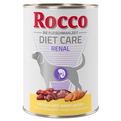 Rocco Diet Care Renal -koiran märkäruoka, kanaa ja bataattia. Etiketissä koirasiluetti ja munuaiskuvake. Teksti: Chicken with sweet potato.