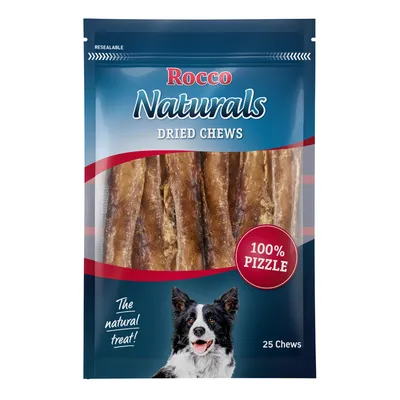Rocco Naturals kuivatut purutikut, 100 % naudan siitin, 25 kappaletta. Pakkaus koirakuvalla ja uudelleensuljettava.
