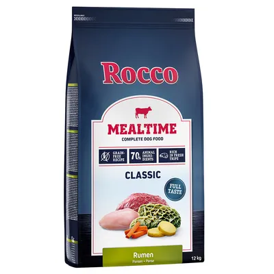 Rocco Mealtime Classic, graanvrij recept, 70% dierlijke ingrediënten, rijk aan verse pens. Verpakking met 12 kg droogvoer voor honden.
