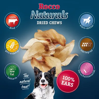 Rocco Naturals Dried Chews, 100% Rind, getreidefrei, fettarm, Härtegrad III, Geruchsintensität niedrig, geeignet für kleine bis mittelgrosse Hunde. 100% Ears. The natural treat!