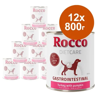 12 консерви Rocco Diet Care Gastrointestinal, 800 г, Turkey with pumpkin. Надпис: Low in fat. Изображение на куче и стомах. Видими са всички етикети.