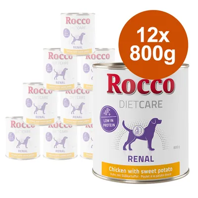 Lot de 12 boîtes Rocco Diet Care Renal 800 g, Chicken with sweet potato, low in protein, illustration de chien violet, texte en anglais et allemand sur l’étiquette.