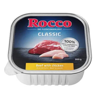 Rocco Classic, 300 g. Texto visível: 100% fresh ingredients & grain-free. Beef with chicken. Rind mit Huhn. Bœuf au poulet.