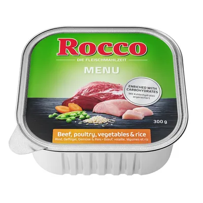 Rocco Menu, 300g. Rind, Geflügel, Gemüse & Reis. Mit Kohlenhydraten angereichert.