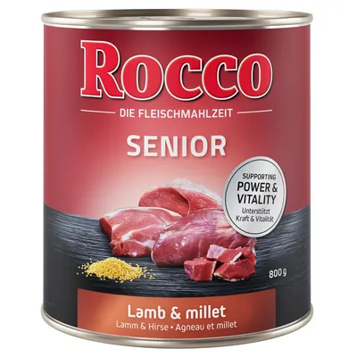 Rocco SENIOR, DIE FLEISCHMAHLZEIT, Lamb & millet, 800 g. Supporting Power & Vitality. Synligt kød og hirse på dåsen. Tekst også på tysk, fransk og engelsk.