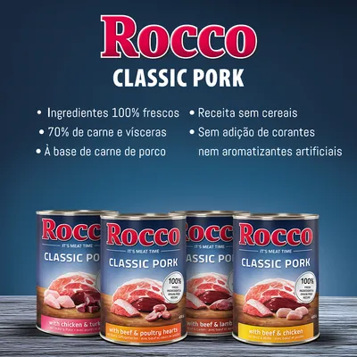 Rocco Classic Pork. Ingredientes 100% frescos, 70% de carne e vísceras, à base de carne de porco, receita sem cereais, sem adição de corantes nem aromatizantes artificiais.