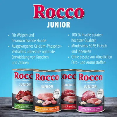 Rocco Junior Nassfutter: Für Welpen, ausgewogenes Calcium-Phosphor-Verhältnis, mindestens 50% Fleisch, 100% frische Zutaten, ohne künstliche Farb- und Aromastoffe.