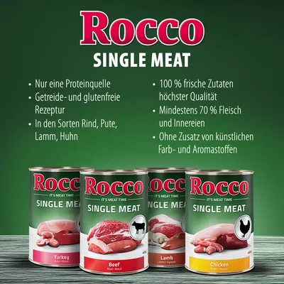 Rocco Single Meat – boîtes de pâtée pour chien, variétés Turkey, Beef, Lamb, Chicken. Texte en allemand : une seule source de protéines, sans céréales ni gluten, 70 % viande et abats.