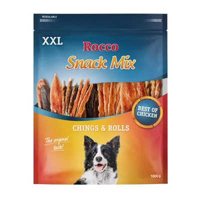 Bolsa de 1000 g Rocco Snack Mix XXL, CHINGS & ROLLS, Best of Chicken. Imagen de tiras de snack y perro en el envase. Texto: The original taste! Resealable.