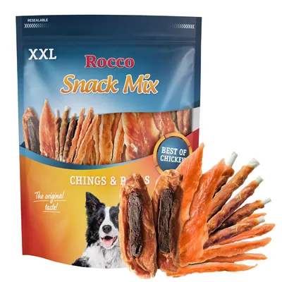 Rocco Snack Mix XXL, Chings & Rings, Best of Chicken. Ambalaj cu gustări uscate de pui și imagine cu câine. Resigilabil.