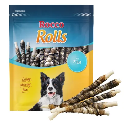 Rocco Rolls kalalla. Rapeaa purtavaa. Pakkauksessa koira ja purutikkuja.