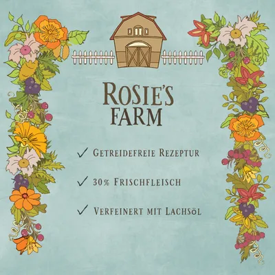 Rosie's Farm. Viljaton resepti, 30 % tuorelihaa, viimeistelty lohiöljyllä.