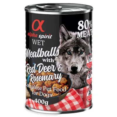 Alpha Spirit Wet Meatballs med hjort och rosmarin, 80% kött, spannmålsfri, glutenfri, utan artificiella tillsatser, 400g. Komplett hundfoder.
