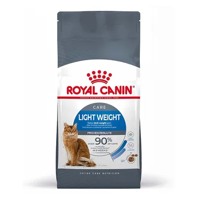 Confezione Royal Canin Care Light Weight per gatti, testo visibile: 'Helps limit weight gain', 'over 90% of cats achieved a healthy weight in 8 weeks', immagine di un gatto.