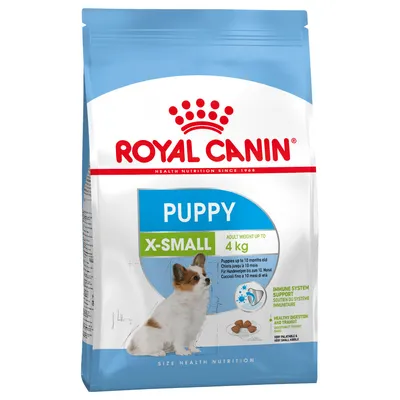 Royal Canin Puppy X-Small, greutate adult până la 4 kg. Pentru căței până la 10 luni. Suport sistem imunitar, digestie sănătoasă. Imagine cu un câine mic și crochete.