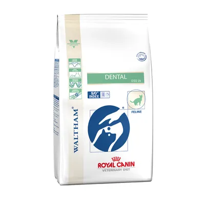 Royal Canin Veterinary Diet Dental DSO 29 Feline -kuivaruokapakkaus kissoille, Waltham-logo, vihreä Dental-teksti, S/O Index -merkintä, kissan siluetti, valkoinen pussi.