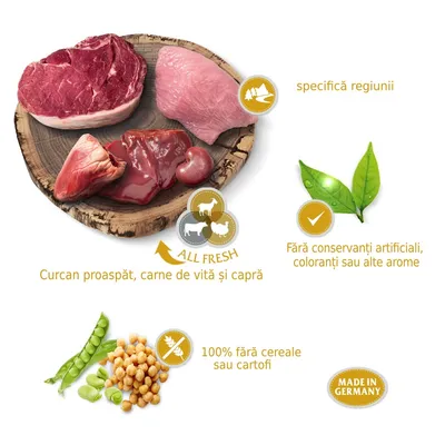 Curcan proaspăt, carne de vită și capră; 100% fără cereale sau cartofi; fără conservanți artificiali, coloranți sau alte arome; specifică regiunii; MADE IN GERMANY.