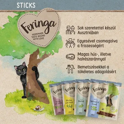 Feringa Sticks macska jutalomfalat csomagolások: Turkey with Lamb, Chicken with Duck, Rabbit, Salmon & Trout. Főbb jellemzők: Ausztriában készül, magas hús-/halrészarány, egyesével csomagolt.