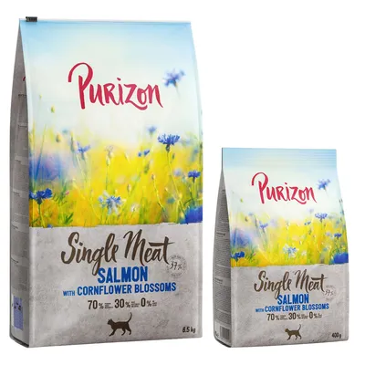 Purizon Single Meat Salmon with Cornflower Blossoms kattenvoer, 70% zalm, 30% plantaardig, 0% granen. Verpakkingen van 6,5 kg en 400 g zichtbaar.