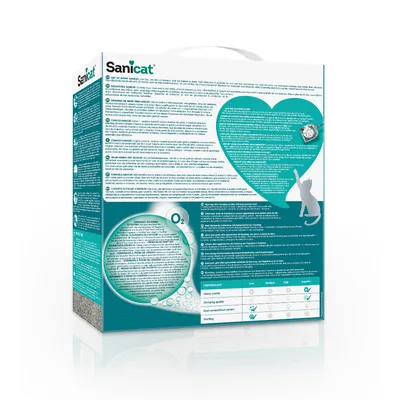 Sanicat Katzenstreu-Verpackung mit Produktinformationen, Leistungstabelle und O2-Technologie. Enthält Details zur Klumpenqualität, Staubkontrolle und Rückhalt von Gerüchen.