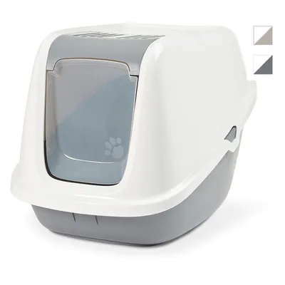 Geschlossene Katzentoilette mit Klappe, weiss-graues Design, zwei Farboptionen sichtbar: hellgrau und dunkelgrau.