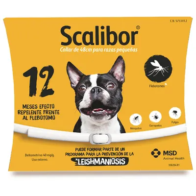 Scalibor collar, 48 cm para razas pequeñas. 12 meses de protección contra flebotomos, mosquitos, garrapatas y pulgas. Contiene deltametrina 40 mg/g. Parte de un programa de prevención de leishmaniosis.