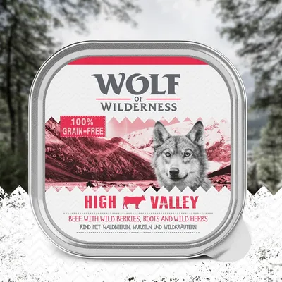 Barquette Wolf of Wilderness High Valley, 100 % grain-free, bœuf avec baies sauvages, racines et herbes. Texte en anglais et allemand visible sur l’emballage.